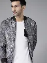 Men Charcoal Grey & Off-White Printed Bomber Jacket