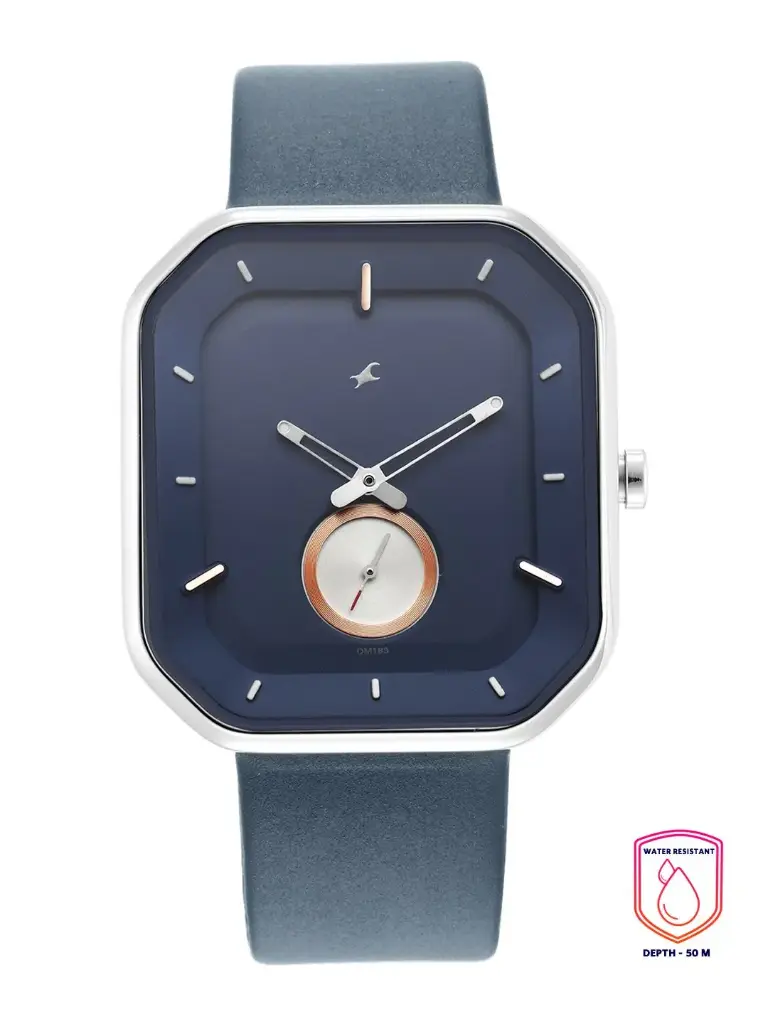 Men Blue Brass Printed Dial & Blue Leather Straps Analogue Watch