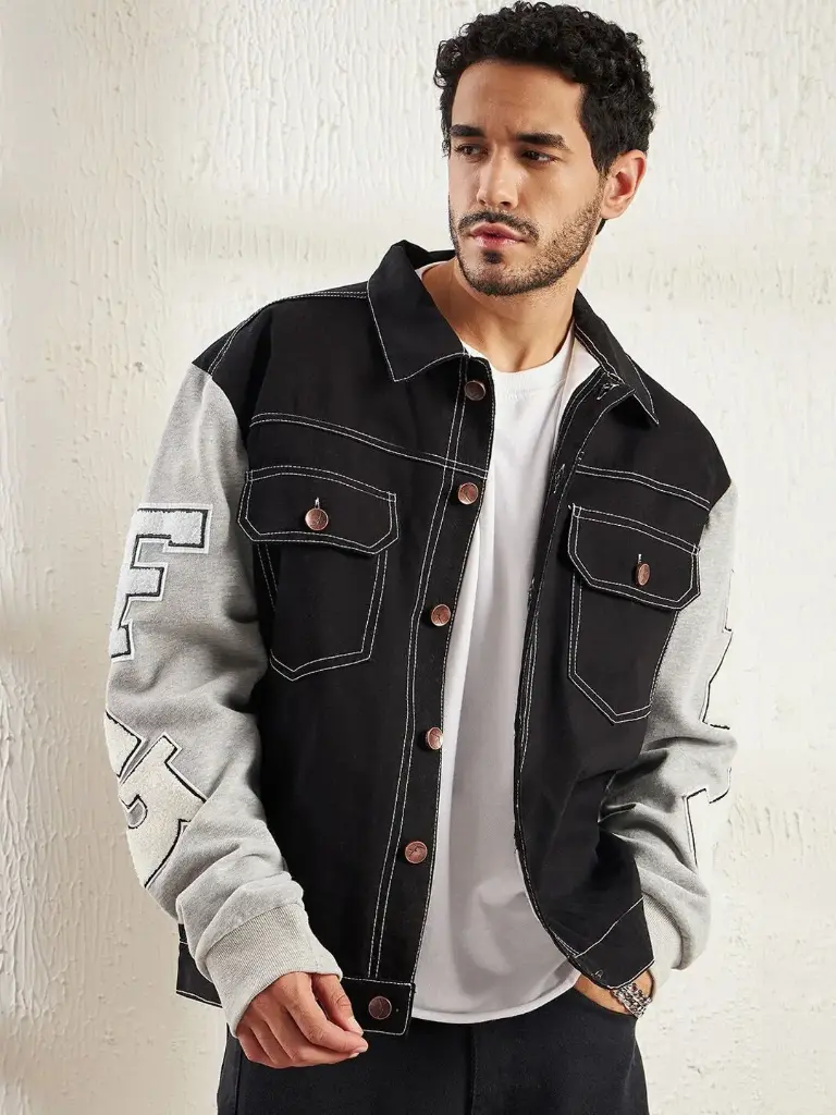 Black & Grey Letterman Contrast Stitch Cotton Denim Jacket