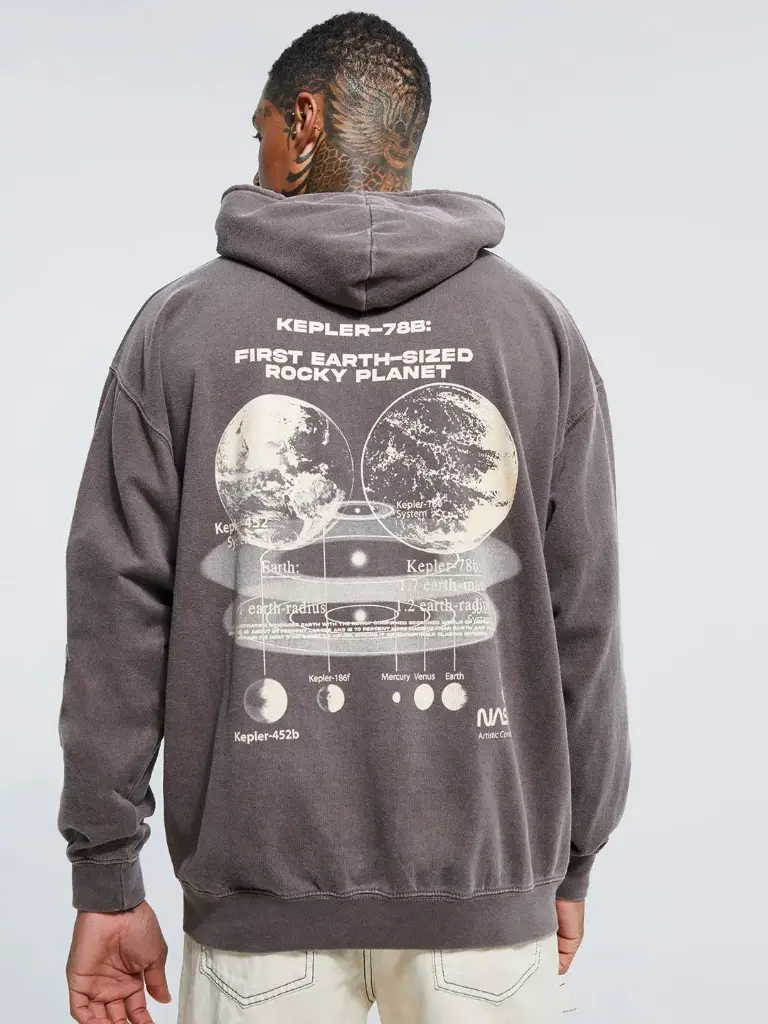 Graphic Printed Hooded Oversized Overdye Sweatshirt With Kangaroo Pocket