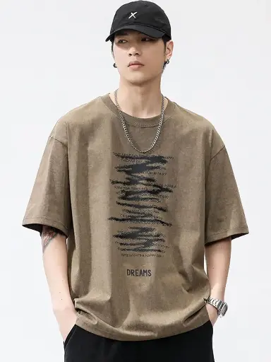 Men Printed Extended Sleeves Raw Edge T-shirt
