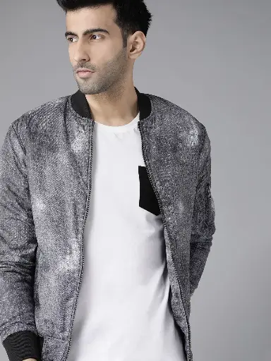 Men Charcoal Grey & Off-White Printed Bomber Jacket