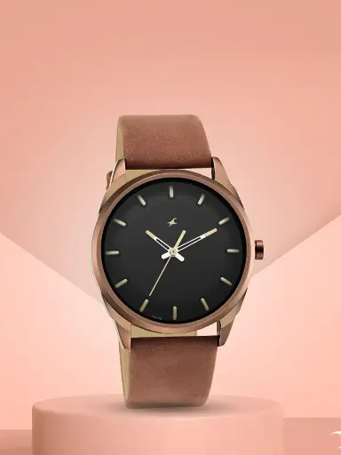 Men Black Brass Embellished Dial & Brown Leather Straps Analogue Watch 3273QL01