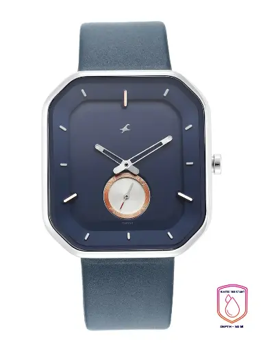 Men Blue Brass Printed Dial & Blue Leather Straps Analogue Watch