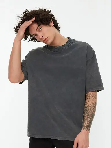 Men Charcoal Solid High Neck Drop-Shoulder Sleeves Cotton T-shirt