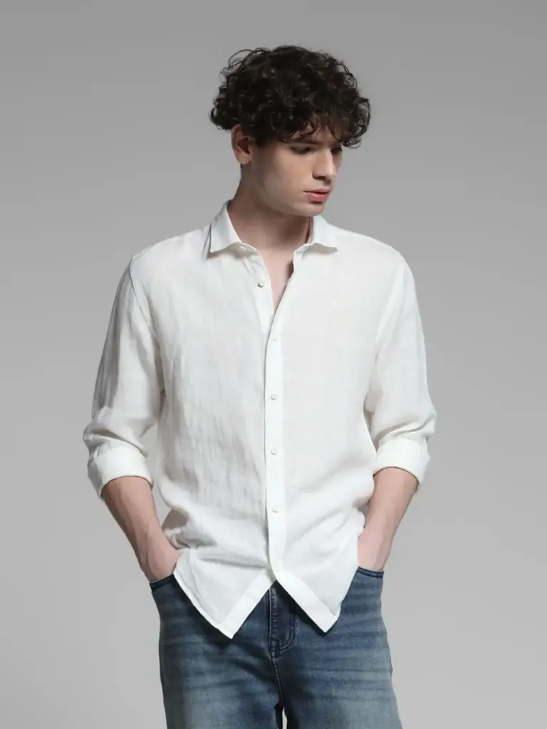Men Spread Collar Solid Linen Casual Shirt