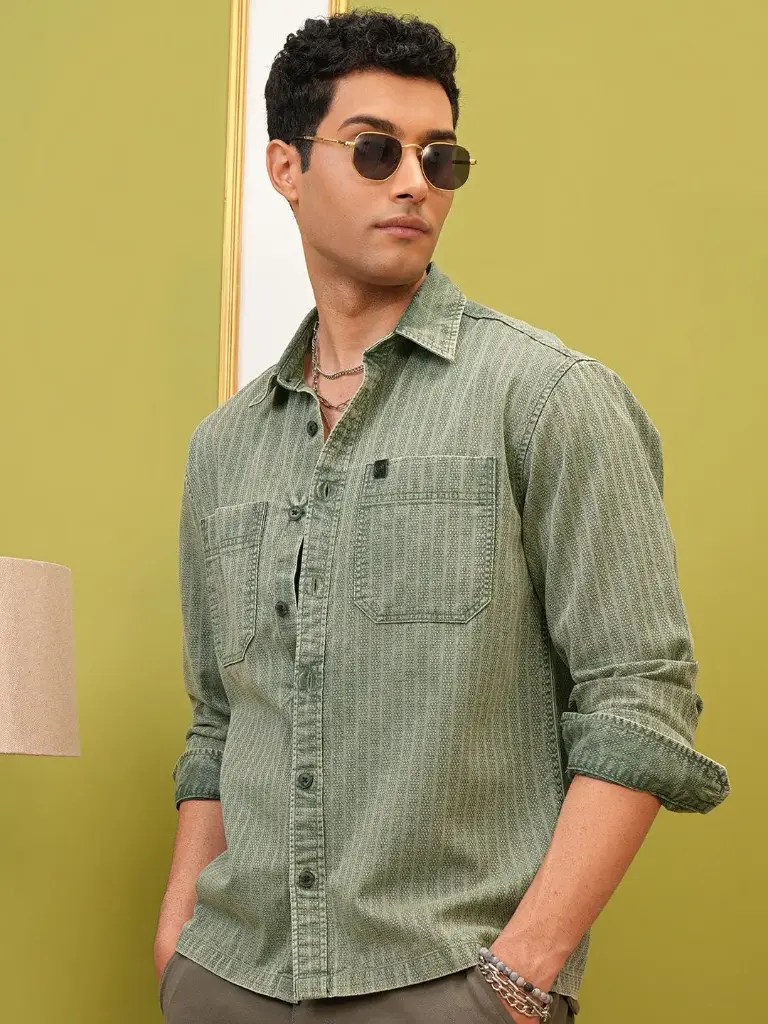 Premium Green Washed Textured Utility Pocket Oversized Overshirt