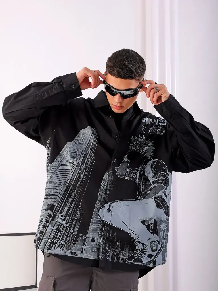 Men Anime Printed Cotton Oversized Boxy Streetwear Shirt