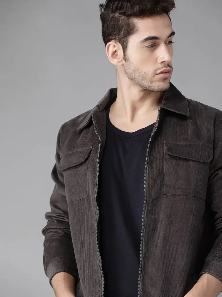 Men Charcoal Grey Solid Corduroy Jacket