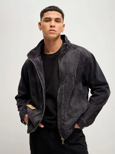 Men Solid Mock Collar Denim Jacket
