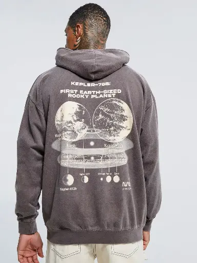 Graphic Printed Hooded Oversized Overdye Sweatshirt With Kangaroo Pocket