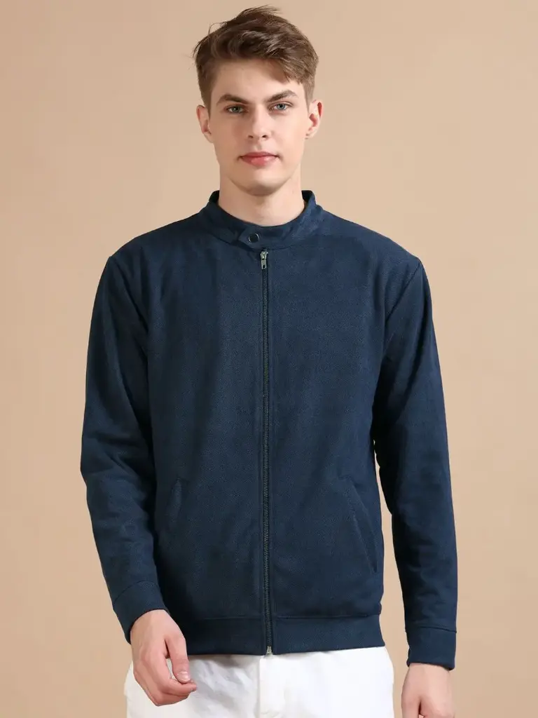 Men Mandarin Collar Solid Casual Bomber Jacket