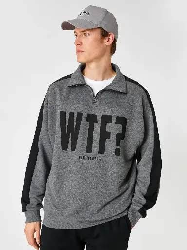 Men Grey Melange & Black Printed Sweatshirt