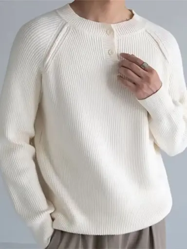 Men Ribbed Self Design Henley Neck Pullover Ribbed Sweater